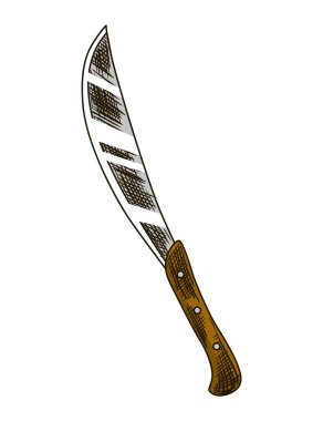 Hasat kamışı şekeri bıçağı. İlkel, keskin bir aletle hasat ediyorlar. El işi. İşlemeli el çizimi enstrüman