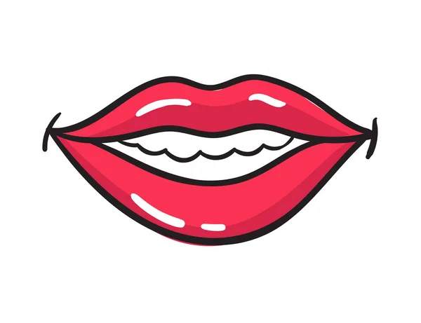 Comic weibliche rote Lippen Sticker. Frauenmund mit Lippenstift im Vintage-Comic-Stil. Smile pop art retro illustration — Stockvektor