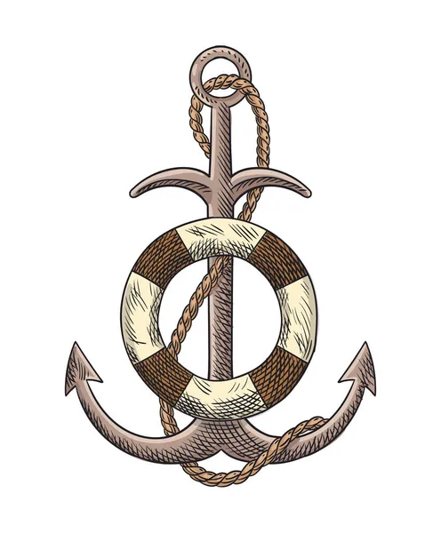 ( 영어 ) Anchor and rope sketch engraving vector illustration. 손으로 그린 디자인 이미지. 고전적 인 스타일의 감각적 상징이다. 역 그리기 — 스톡 벡터