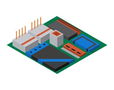 Elektronik bileşenli Isometric devre kartı. Bilgisayar çipi teknolojisi işlemci devresi ve bilgisayar ana kart bilgi sistemi. Teknoloji ekipmanları aygıtı konsepti