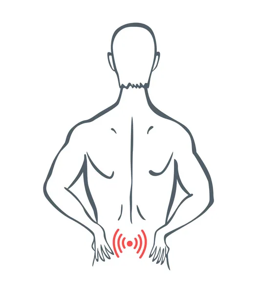 Dolor en parte corporal. El hombre siente dolor en la parte posterior del cuerpo marcado con líneas rojas. Focos vectoriales de símbolos de dolor o trauma, ilustración de línea de arte gris — Vector de stock