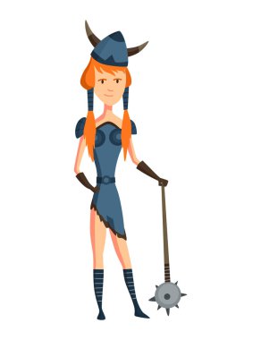 Boynuzlu miğferi ve topuzu olan Viking kadın. İskandinav efsanelerinin kadın savaşçısı ya da kahramanı. Barbar karikatür tarihi karakteri.