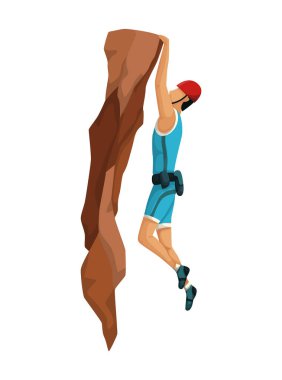 Dağ tırmanışı. Adamlar profesyonel ekipmanlarla bir kaya dağına tırmanıyorlar. Kayalık spor. Oyun sahnesi beyaz arkaplanda izole edildi