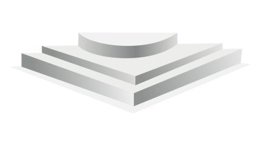 Podyum gerçekçiliği. Şov odası kaidesi, zemin sahne platformu vektörü izole edilmiş model. Yuvarlak ve kare 3D boş podyum ve merdivenler. Ürün, tanıtım satışı veya sunum için vitrin kavramı