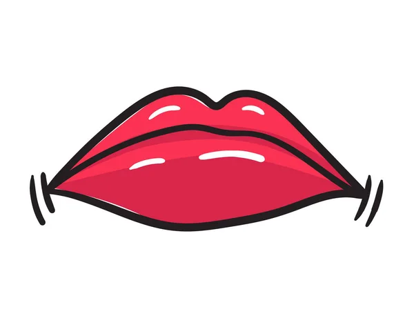 Sticker BD lèvres rouges féminines. Bouche femme avec rouge à lèvres dans un style comique vintage. Illustration rétro art rop — Image vectorielle