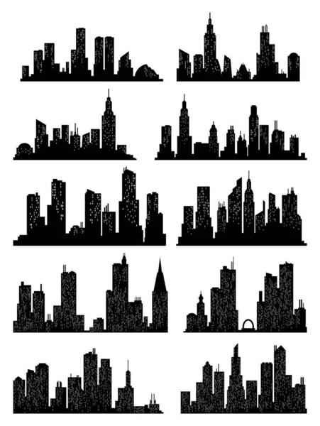 Cityscape coleção silhueta. Edifícios da cidade, cidade noturna e silhuetas panorâmicas urbanas horizontais. Skyline com janelas em estilo plano —  Vetores de Stock