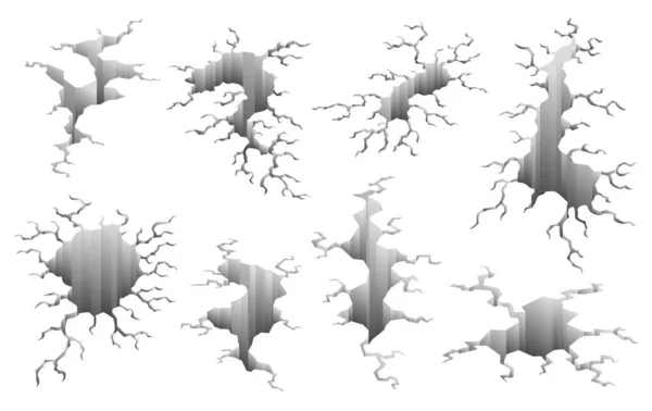 Verzameling van scheuren na aardbeving. Gaten in de grond en vernietigingsscheuren. Veroudering of gedroogde grond effecten, land vernietiging. Gebroken grond geïsoleerd op een witte achtergrond — Stockvector