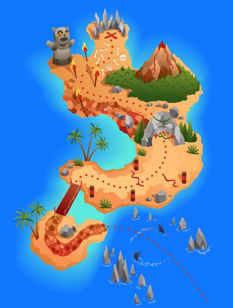 Tesoro mapa del juego. Mapa de la isla deshabitada tropical de dibujos animados que muestra la dirección de la carretera hacia la meta. Fondo de juego vectorial — Vector de stock