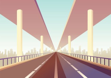 Boş iki lavel hız otoyolu. Şehir manzarasına giden düz bir yol. Metropolis arka planda. Asfalt yolu ve kasaba manzarası