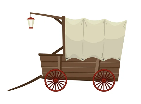 Wild west cartoon wagen met tent en lantaarn. Oud westers koetspictogram geïsoleerd op witte achtergrond — Stockvector