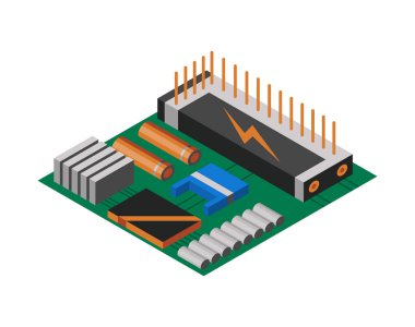 Elektronik bileşenli Isometric devre kartı. Bilgisayar çipi teknolojisi işlemci devresi ve bilgisayar ana kart bilgi sistemi. Teknoloji ekipmanları aygıtı konsepti