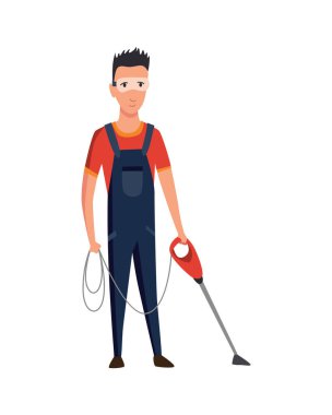 Elektrikli süpürgede çalışan profesyonel bahçıvan. Erkek tamirci bahçede sonbahar temizliği yapıyor. İşçinin renkli düz çizgi film vektör çizimi