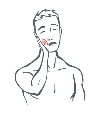 Vücudunun bir parçası acı. İnsan kırmızı çizgilerle işaretlenmiş diş ağrısını hisseder. Acı veya travma sembollerinin vektör odaklı, gri sanat çizgisi çizimi