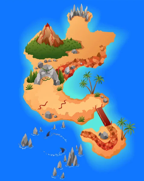 Schatzkarte. Karikatur einer unbewohnten tropischen Insel. Vektor-Gaming Hintergrund — Stockvektor
