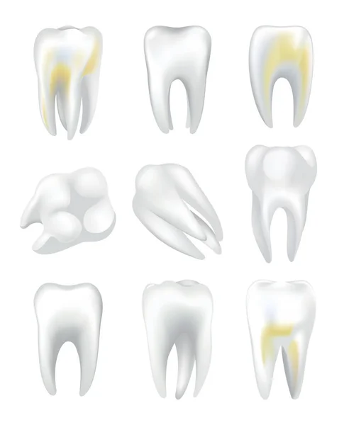 Białe lśniące i zbolałe ludzkie zęby ustawione. Ikony wektora dentystycznego. Symbole kliniki stomatologicznej. Ochrona zębów, pielęgnacja jamy ustnej lub zębów. Konieczność opieki stomatologicznej w przypadku zabarwionych zębów lub próchnicy zębów — Wektor stockowy