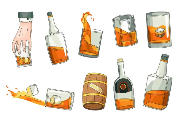 Whiskey reclame design elementen. Reclame ontwerp symbolen set. Glazen fles, hand in hand glas whisky met ijsblokjes, houten alcohol vat icoon collectie. Vectoralcoholproducten — Stockvector