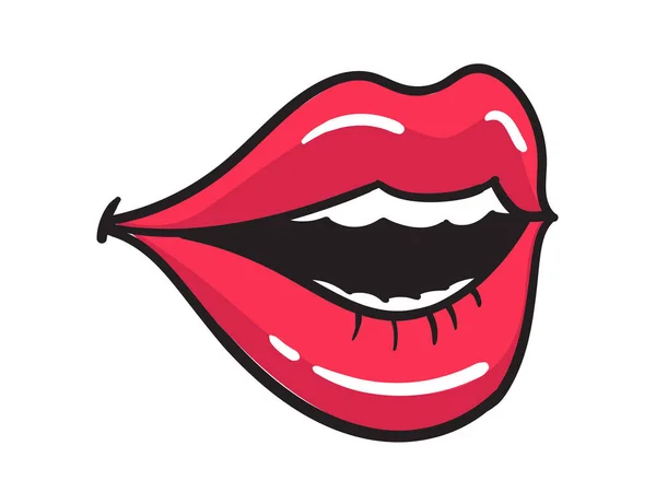 Comic γυναικεία κόκκινα χείλη αυτοκόλλητο. Γυναικείο στόμα με κραγιόν σε vintage κωμικό στυλ. Rop τέχνη ρετρό απεικόνιση — Διανυσματικό Αρχείο