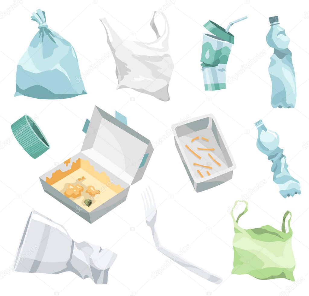 Plastic trash of different types collection isolated on white. Garbage waste set of trash with trashbags, plastic bags, cup and bottles