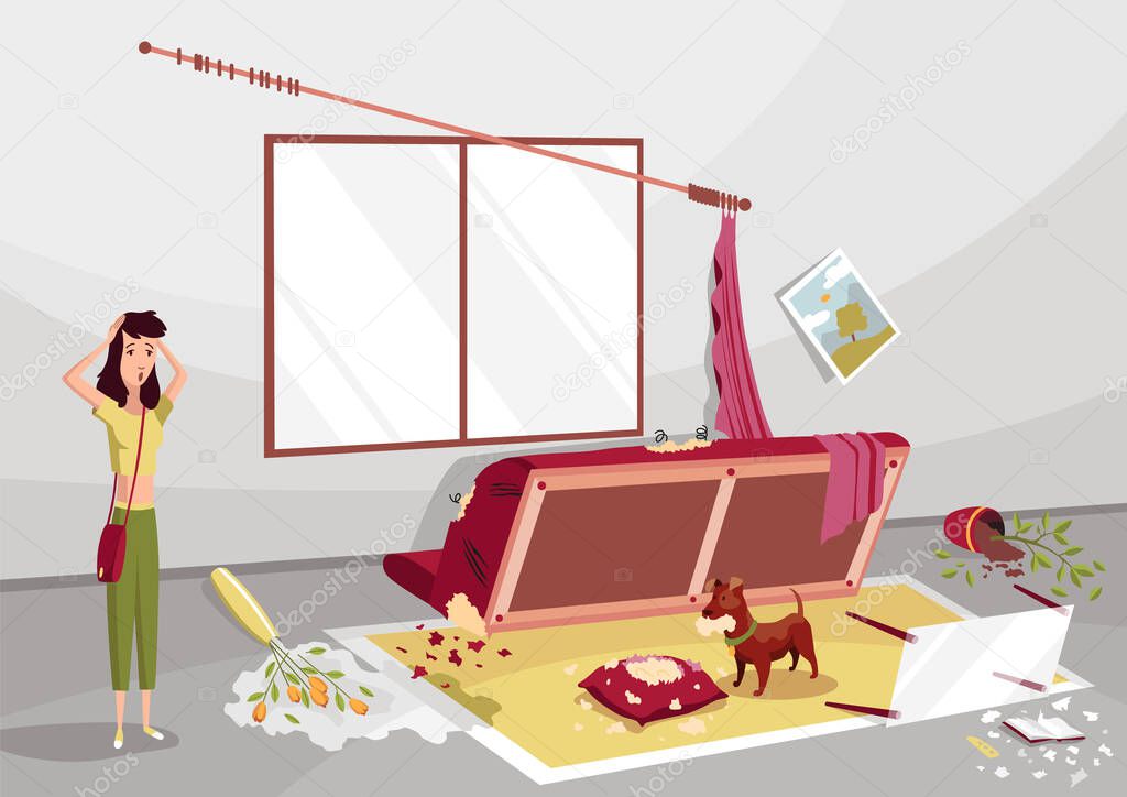 Room damaged by dog. Problem of pet dog owner, bad domestic animal behavior vector illustration. Frustrated girl character scolding doggy for mess, damaged furniture in home room interior background