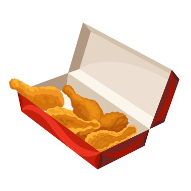Kızarmış tavuk. Beyaz arka planda izole edilmiş kutuda kızarmış tavuk budu. Çizgi film stilinde çok güzel. Taze fast food kızartması.