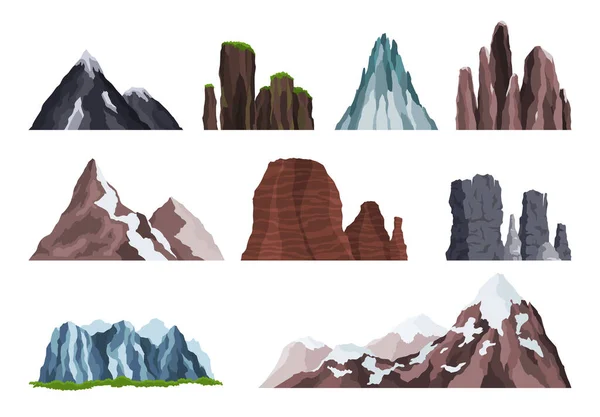 Naturens bergslandskap. Variation av stenig massiv vektor Illustrationer. Toppar utomhus, vinter toppar, kulle med träd, vandring bergsdal — Stock vektor
