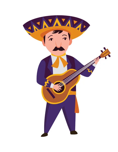 Personagem mexicano. Mariachi músico banda de música em roupas escuras tradicionais e sombreros tocando no instrumento musical típico guitarra — Vetor de Stock