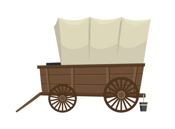 Wild west cartoon wagen met tent. Oud westers koetspictogram geïsoleerd op witte achtergrond — Stockvector