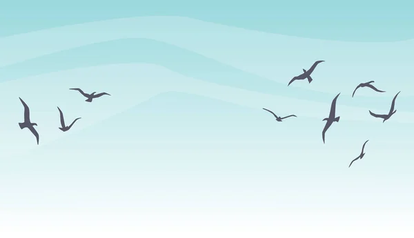 Silueta de vuelo en el cielo. Paisaje de naturaleza de dibujos animados con aves voladoras — Archivo Imágenes Vectoriales