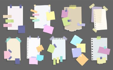 Kağıt çıkartmalar. Farklı vektör not kağıtları kümesi. Bir sürü renkli çıkartma boşluğu. Çeşitli renk ve boyut çizelgelerinden yapış yapış sayfalar