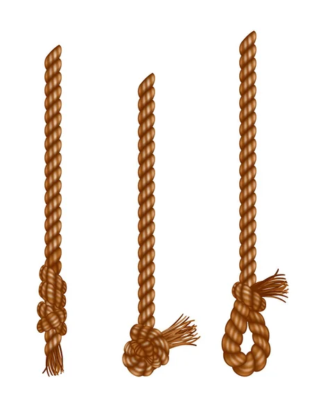 Geïsoleerde hangende touwen met kwastjes. Realistisch geknoopte nautische draad. Nautische of mariene verticale vezel. Hennep snaren met borstel en rafelige knoop. Textielkwastje hangen aan touw — Stockvector