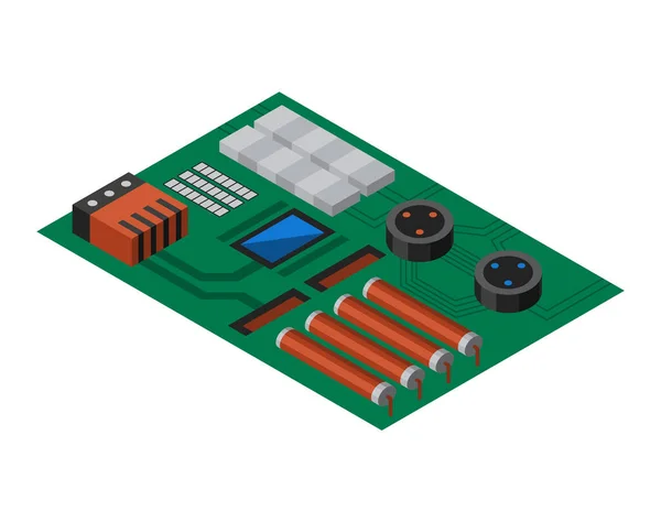 Isometrische printplaat met elektronische componenten. Computerchip technologie processor circuit en computer moederbord informatiesysteem. Concept voor technologie-apparatuur — Stockvector