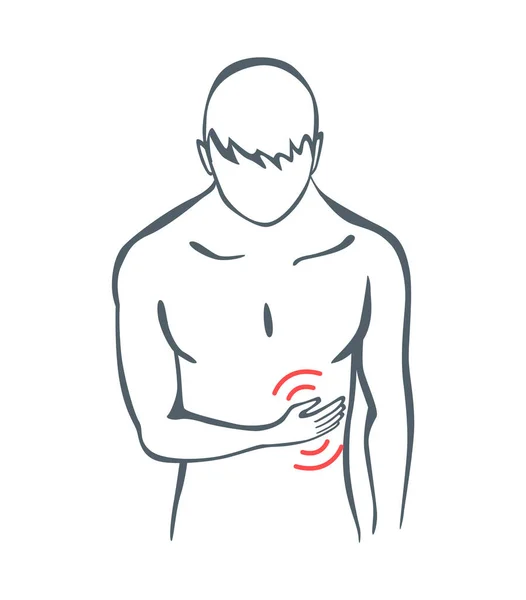 Dolor en parte corporal. El hombre siente dolor en el abdomen del cuerpo marcado con líneas rojas. Focos vectoriales de símbolos de dolor o trauma, ilustración de línea de arte gris — Vector de stock