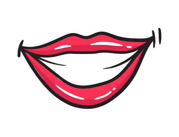 Sticker BD lèvres rouges féminines. Bouche femme avec rouge à lèvres dans un style comique vintage. Sourire pop art illustration rétro — Image vectorielle