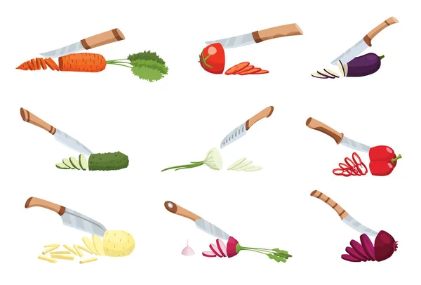 Collection of sliced vegetable. Slicing by knife. Cutting isolated on white background. Prepare to cooking. Chopped fresh nutrition in cartoon flat style — 图库矢量图片