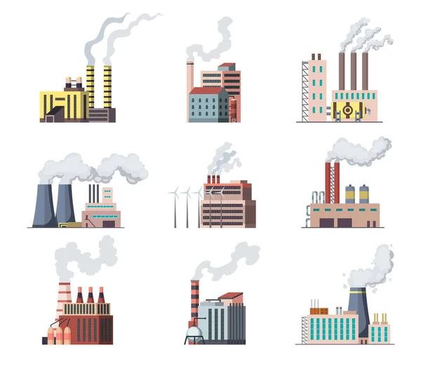 Icon set of industrial factory. Manufactory industrial buildings refinery factorys or nuclear power stations. Complex of chemical plants buildings isolated on white background — Stock Vector