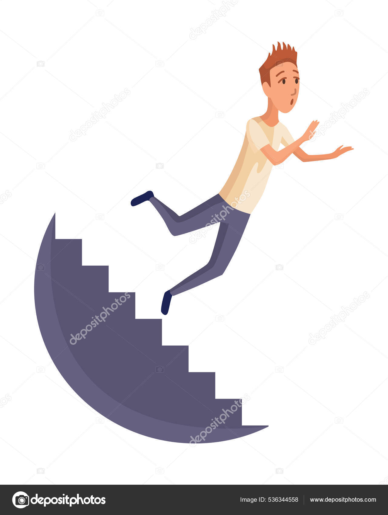 사기꾼. 계단에서 떨어지는 사고로 사람들을 죽이고 있어요. 젊은 남자들은 위험 한 사고를 당합니다. 위험, 위험. 안 좋은 운, 불행,  파스코. 기업의 실패, 기업의 붕괴 개념 스톡 벡터 - ©Designer_things 536344558, image size:1280x1700