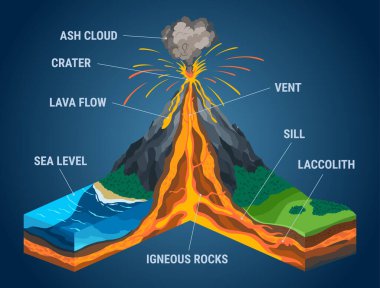Enine kesit bilgileriyle volkanın Isome 'ı. Magma odasını gösteren yapı, gaz külahı, havalandırma ve krater lav bombası külü. Dünya kabuğunun bir bölümü