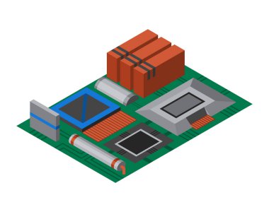 Elektronik bileşenli Isometric devre kartı. Bilgisayar çipi teknolojisi işlemci devresi ve bilgisayar ana kart bilgi sistemi. Elektronik 3D izole bileşim