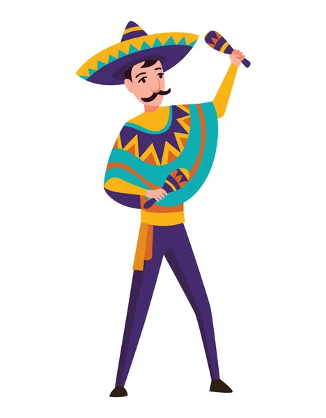 Mexický charakter. Mariachi hudební kapela hudebník v tradičních tmavých šatech a sombreros hraje na typické hudební nástroje maracas — Stockový vektor