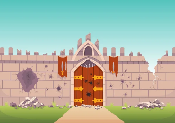 Medieval walls broken, ruined stone walls. Citadel after enemies attack or siege during war. Strong defence concept. Castle fortification with wooden city gate, fairy tale exterior — Stockvektor