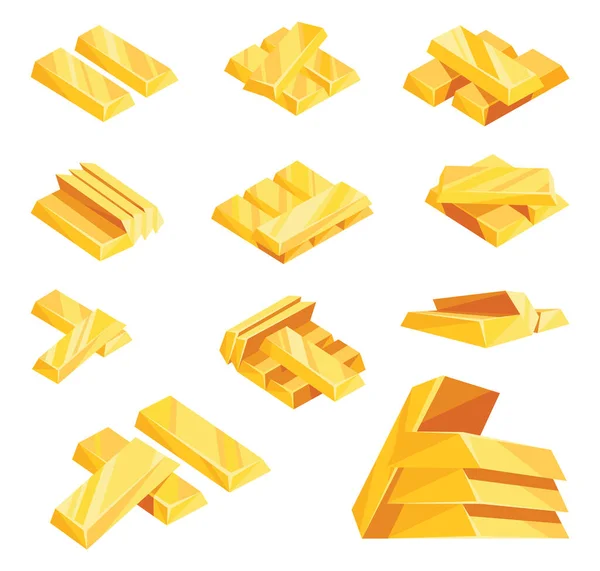 Gold bars icon set for web, games, applications in cartoon style. Financial concept, banking business, prosperity, treasure symbols. Vector isolated objects on white background — Vetor de Stock