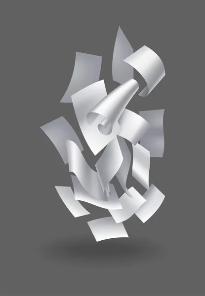 Ρεαλιστικά φύλλα χαρτιού που πέφτουν. Σύνολο ιπτάμενων κυρτών φύλλων χαρτιού. Διάνυσμα χαλαρά ύψη των σημειώσεων με κατσαρές άκρες. Fly διάσπαρτες νότες, άδειο χαοτική γραφειοκρατία — Διανυσματικό Αρχείο