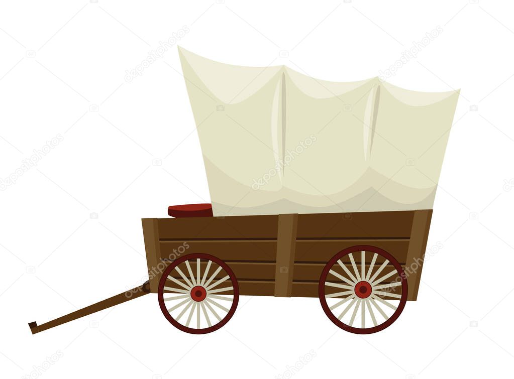 Wild west cartoon wagon with tent. Old western carriage icon isolated on white background