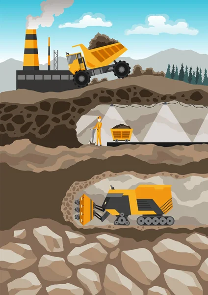 Górnictwo węgla. Górnicy z narzędziami pod ziemią. Sprzęt przemysłowy i maszyny na tle w warstwach gleby. Górnik w kopalni produkuje rasę. Ciężarówka przenosi kamień z kopalni do zakładu. — Wektor stockowy