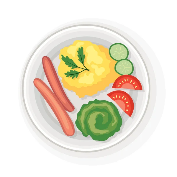 Reggeli vagy ebéd felülnézet. Finom, egészséges étel porcelán ételen. Klasszikus kiadós reggeli. Szépen felszolgált étel fehér tálcán. — Stock Vector