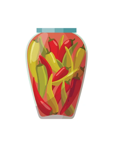 Tarro conservado verduras. Una lata de pimienta en escabeche. Comida enlatada de dibujos animados en vidrio. Contenedor de conservación de comestibles — Vector de stock