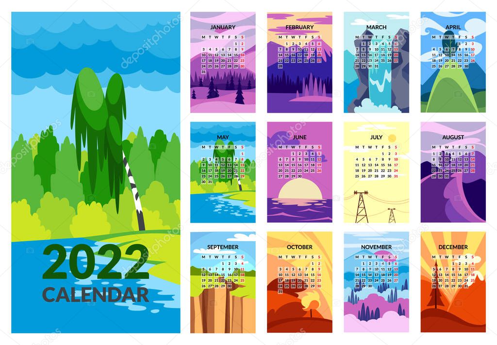 Calendar 2022 template. Design concept with abstract nature landscape. Set of 12 months 2022 pages. Wall calendar design, Planner, Week start on Sunday, vertical layout