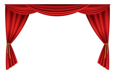 Kırmızı perdeler gerçekçi. Sinema veya opera salonu için ipek kumaş dekorasyonu. Lüks perdeler ve iç dekorasyon malzemesi. Tiyatro sahnesi için beyazda izole edilmiş.