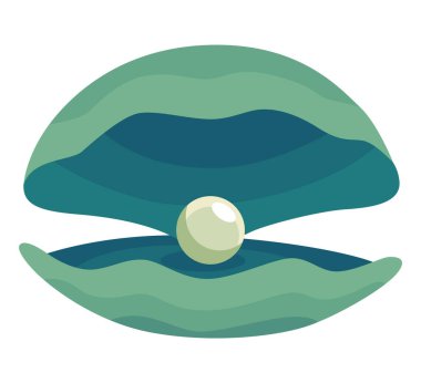 Deniz kabuğunda inci. Açık deniz kabuğu deniz tarağı ve inci kabuğu ikonu. Çizgi filmlerdeki gibi istiridye kabuklu güzel bir inci. Vektör illüstrasyonu beyaz arkaplanda izole edildi