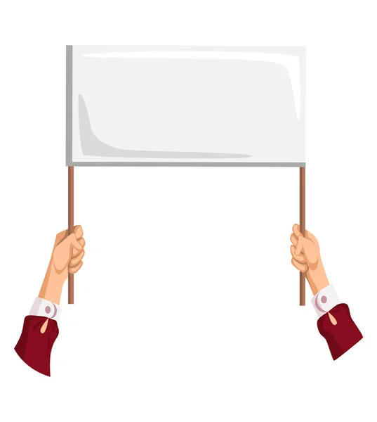 Hand håller tomma plakat med plats för text. Personlig hand med blank banderoll eller kort. Isolerad vektor illustration kan användas för tävling, nyheter, turnering eller tävling — Stock vektor